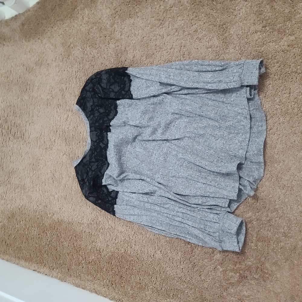 Gray Top with Black Lace Detail